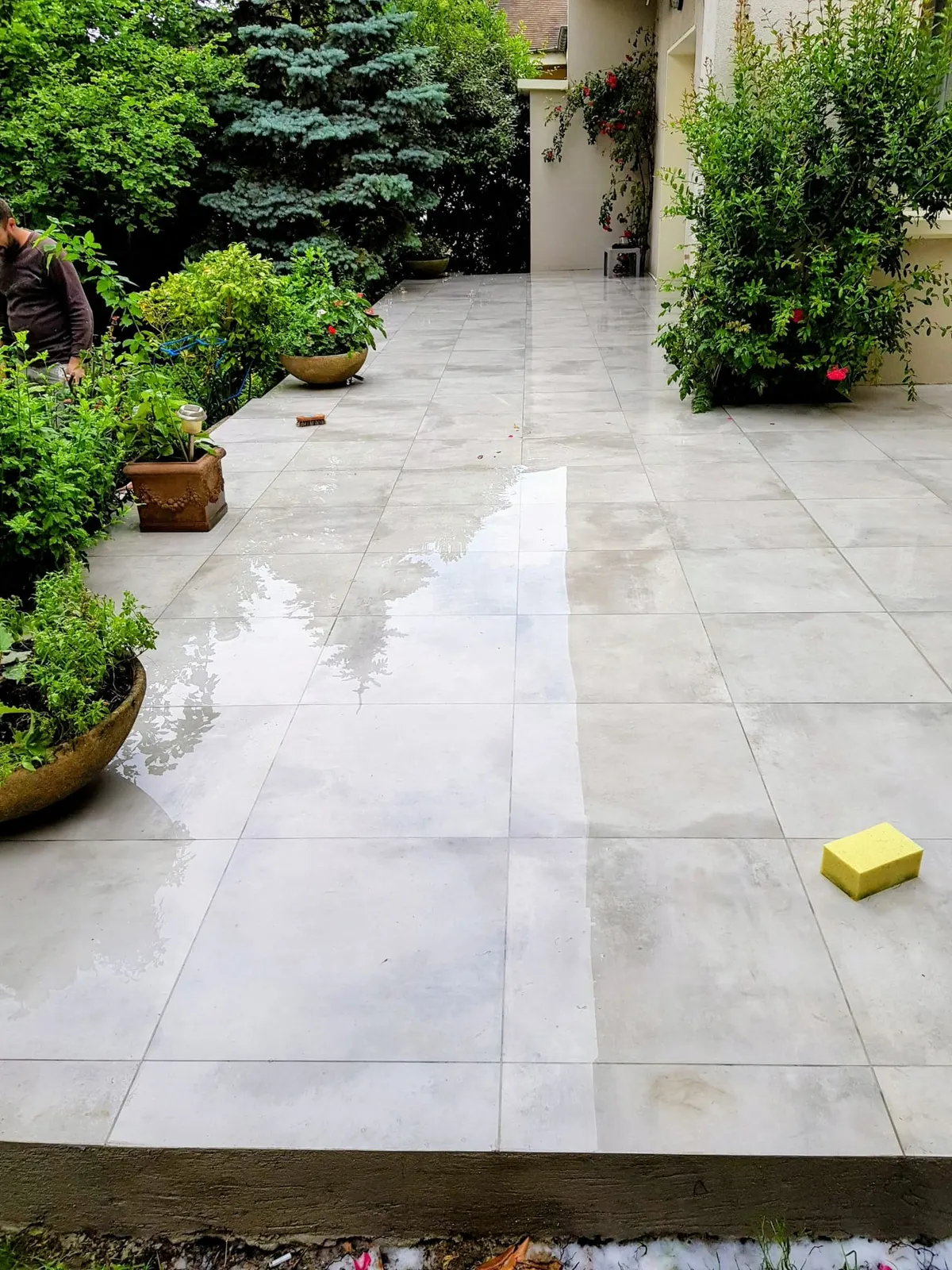 Cour jardin carrelée en dalles grises grand format, bordée de plantes en pots